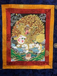 Colorful Tibetan Thangka Hand Painted, Silk Framed - 30.5L X 23W