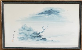 Pale Blues, Bird Over Water, Signed By Artist, 25 X 15'