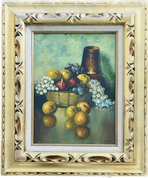 Original Oil Painting, Fruit And Basket Signed By Artist AKdoin, 26 X 21