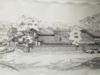 Ink Drawing Of House And Car By Doug Arnold Re-printed On Film. Unframed 30 X 17.