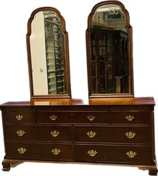 Ethan Allen Classic Dresser With Two Beveled Mirrors, Brass Pulls On Drawers