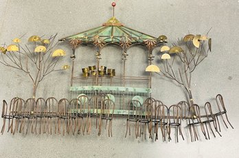 Large Curtis Jere Metal  Art Wall Sculpture: Gazebo With Chairs And Music Stands, Trees 40 X 5 X 27'
