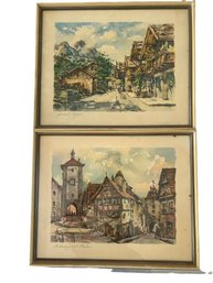 A Pair Of Watercolors Artwork Rothenburg Od. R. Tauber And Garmisch, Bayern - Autographed 19x16