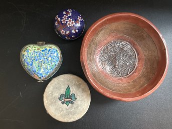 3 Legged Bowl With Inlay (6x6x2.5), Small Decorative Containers (2-3in) & Mini Fleur De Lis Drum (3.5in)