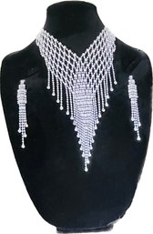 Rhinestone Necklace And Matching Pierced Earrings. Incudes Black Velvet Display Stand.