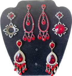 Red Gemstone Pierced Earrings. Some Beads Need To Be Reglued. See Photos. Black Velvet Stand Included.