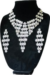 Rhinestone Necklace And Matching Pieced Earings. Black Velvet Display Stand Included.