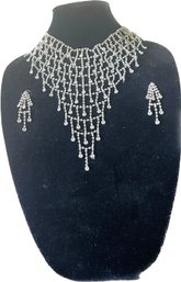 Rhinestone Necklace In Matching Pierced Earrings. Black Velvet Display Stand Included.
