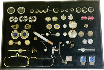 Collection Of Cufflinks, Tie Clips, Pins, And A Fake Lit Cigarette