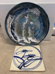 Ceramic Pottery Signed By Artist (Bowl 12x12x2 And Decorative Tile (7.25x7.25)