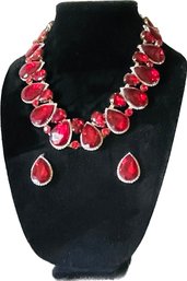 Red Gemstones Necklace And Matching Pierced Earrings. Black Velvet Display Stand Included.