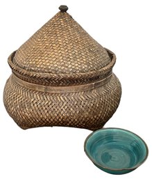 Rattan Round Basket, Metal Mini Eifel Tower And A Glass Bowl