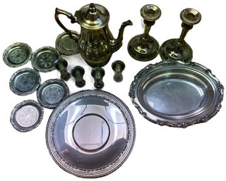 Chippendale Set Of Silver Plated Tea Cups, Tea Pots, Serving Plate, Tea Kettle, Candle Sticks