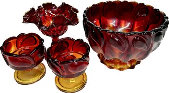 Ruby Red Pedestal Bowl, Goblets, And Tiara Glass Sunset Ruby Decorative Bowl