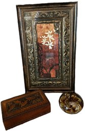 Wooden And Glass Office Decor, 3 Pieces: Paper Weight 4', Box 7', Art 9x15'