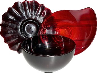 Red Glass Bowl And Two Platters