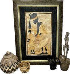 Framed Applique Artwork, Stone Carving Made In Zimbabwe, Woven Baskets, And More