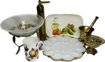 Ceramisia Platter, Bone China Mug, Brass Coffee Grinder, Crackle Glass Bowl On Brass Pedestal, And More