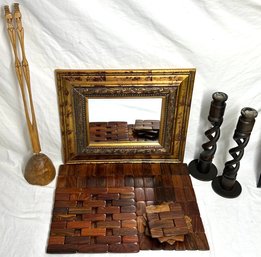 Framed Mirror, Wood Placemat & Coasters, 2 Candlesticks Made In Tanzania, & More