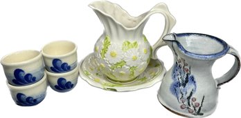 Enesco Ceramic Daisy Pitcher And Plate, Clay Pitcher, 4 DDR Sake Cups