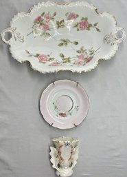 Monbijou Bavaria Porcelain Dish, Painted Pink Floral Saucer Plate, Petite Vase