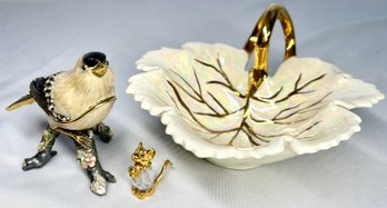 White And Gold Colored Ceramic Leaf Dish, Miniature Mouse Figurine, Jay Bird Ceramic