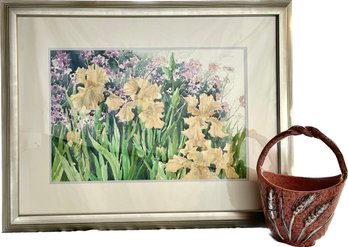 Watercolor Iris Painting Signed Schilling, Painted Pink Ceramic Basket