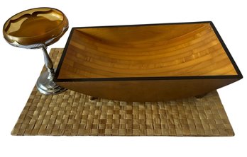 Retro Farber Bros. Amber Glass Art Candy Dish, And Decorative Wooden Tray