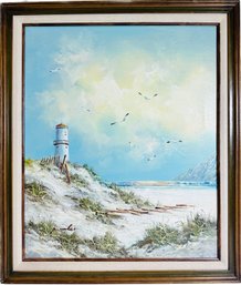 A Framed Lighthouse Beach Sea Painting Oil