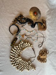 Womens Costume Jewelry With Wooden Accents, Shells And Beads.