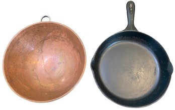 Copper Bowl & Wagner Ware Cast Iron Skillet (both 10in)