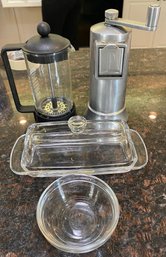 French Press, Glass Butter Dish, & Pepper Grinder