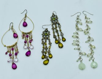 Pierced Dangle Earrings. Purple, Green, And White Crystal Beads.