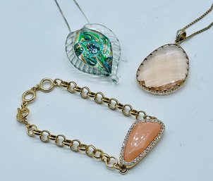 Multi-color & Peach Color Pendants & Chain Necklaces, Goldtone Peach Gemstone With Rhinestones Bracelet.