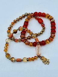 Peach And Orange Bracelets With Beads And Crystals. Owl Pendant. Total Of Three Bracelets