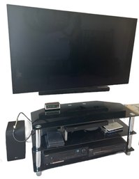 65'  LG TV, Stand, Sound Bar, Sony Equipment And More