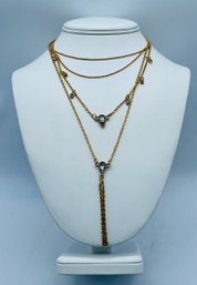 Goldtone Delicate Necklace Of Pale Blue & Clear Rhinestones