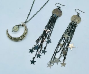 Crescent Moon Pendant With Chain. Stars Pierced Earrings. Pendant Magnet Tested For Sterling.