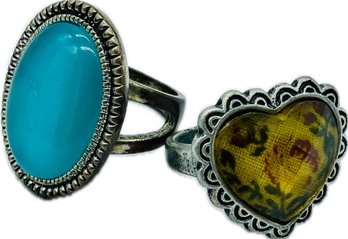 Silvertone Rings. Yellow Heart With Flowers. Turquoise-colored Gemstone.