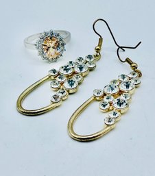 Dangle Goldtone & Rhinestone Earrings. Multi-colored Gemstone & Rhinestone Silvertone Ring.