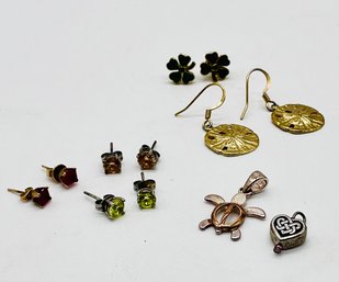 Studs: Red, Green, Amber Gemstones. Silver Turtle & Heart Pendants. 3.15g