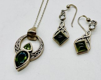 Silver Pendant & Chain. Matching Pierced Earrings.  Marked 925. Rhinestones, Forest Green Gemstones.