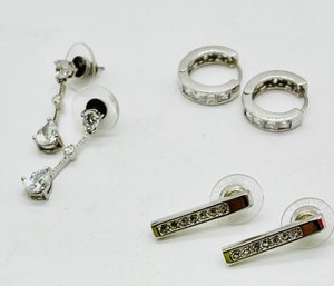 Rhinestone & Silvertone Pierced Earrings. Small Hoops. Dangles.