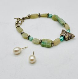 Pearl Earrings. Butterfly & Beads Bracelet. Pale Greens And Blues Gemstones
