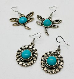 Silvertone And Turquoise Color Gemstone Pierced Earrings