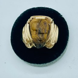 Yellow Gold Tigers Eye Carved Warrior Statement Ring. No Markings For Gold.