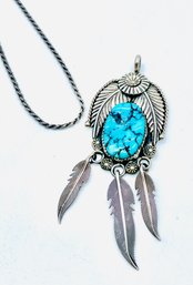 Silver Pendant With Turquoise Marked Sterling. Silvertone Chain.