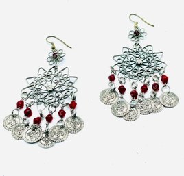 Pierced Dangling Earrings With Red Gemstones. Top Half Of Earring Magnet Tested Silver But No Markings.
