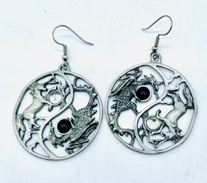 Silver Pierced Earrings With Black And Crystal Gemstones. Unicorn And Dragon Design.
