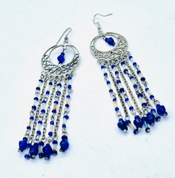 Pierced Dangling Silvertone Earrings With Blue Gemstones